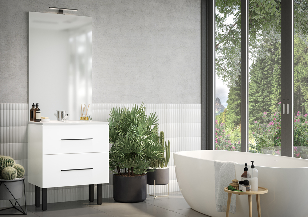 Meuble de salle de bains - CT-02 CERA TOP version tiroirs et accessoires noir mat décor Blanc Brillant