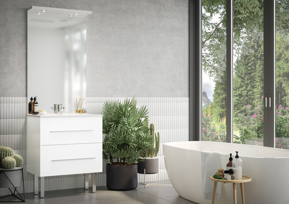 Meuble de salle de bains - CT-05 CERA TOP version tiroirs bandeau lumineux accessoires chromés brillants décor Blanc Brillant
