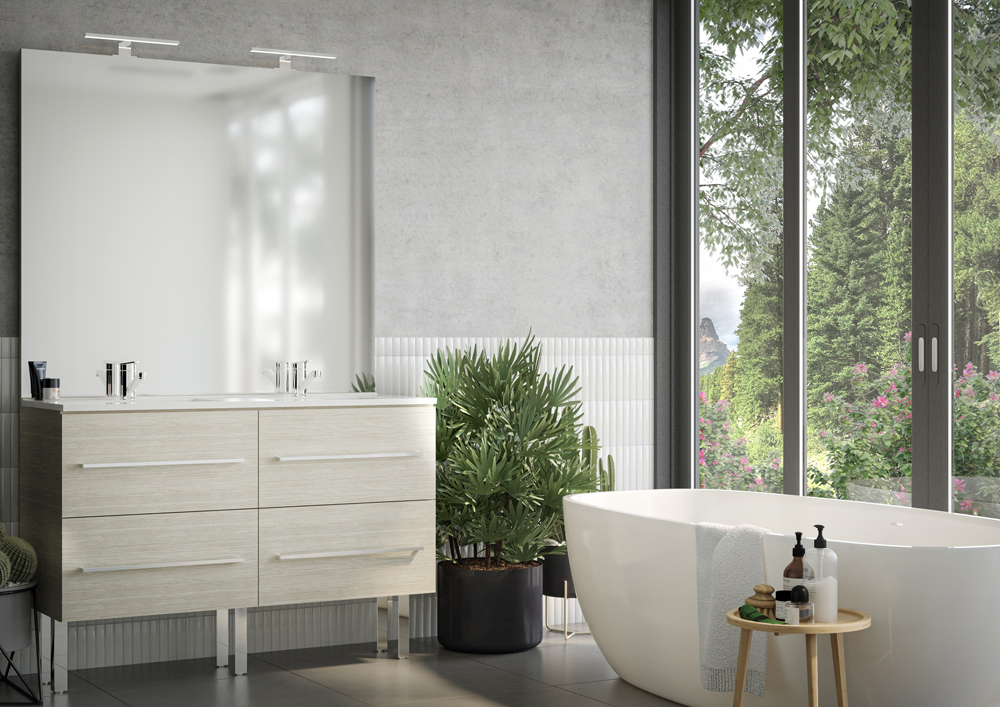 Meuble de salle de bains - CT-09 CERA TOP version tiroirs doubles vasques accessoires chromés brillants décor Banian Blanchi