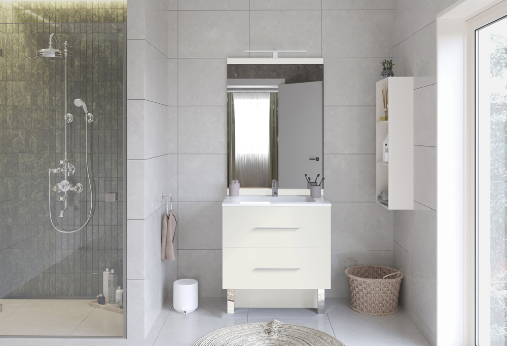 Meuble de salle de bains - NECT-04 NEC TOP version tiroirs miroir décoratif accessoires chromés brillants pieds avant et socle arrière décor Blanc Brillant