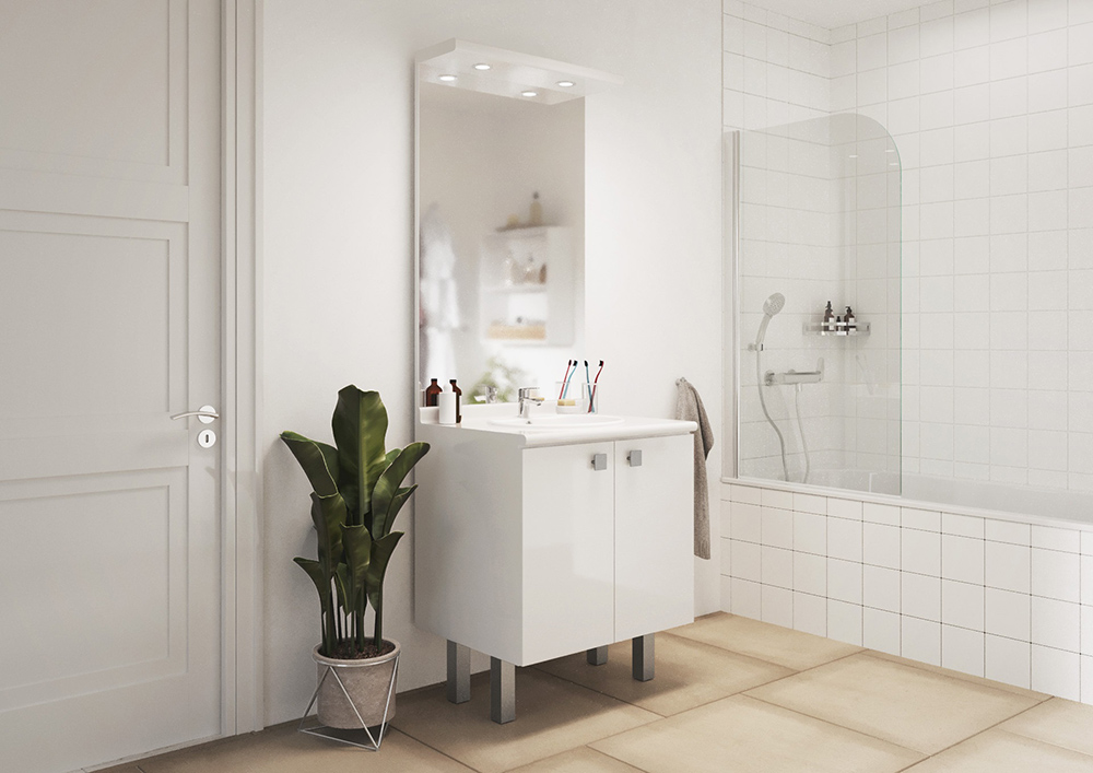Meuble salle de bains - FLOM-01 FLORENCE M version boutons carrés chromés, bandeau lumineux et plan de toilette blancs