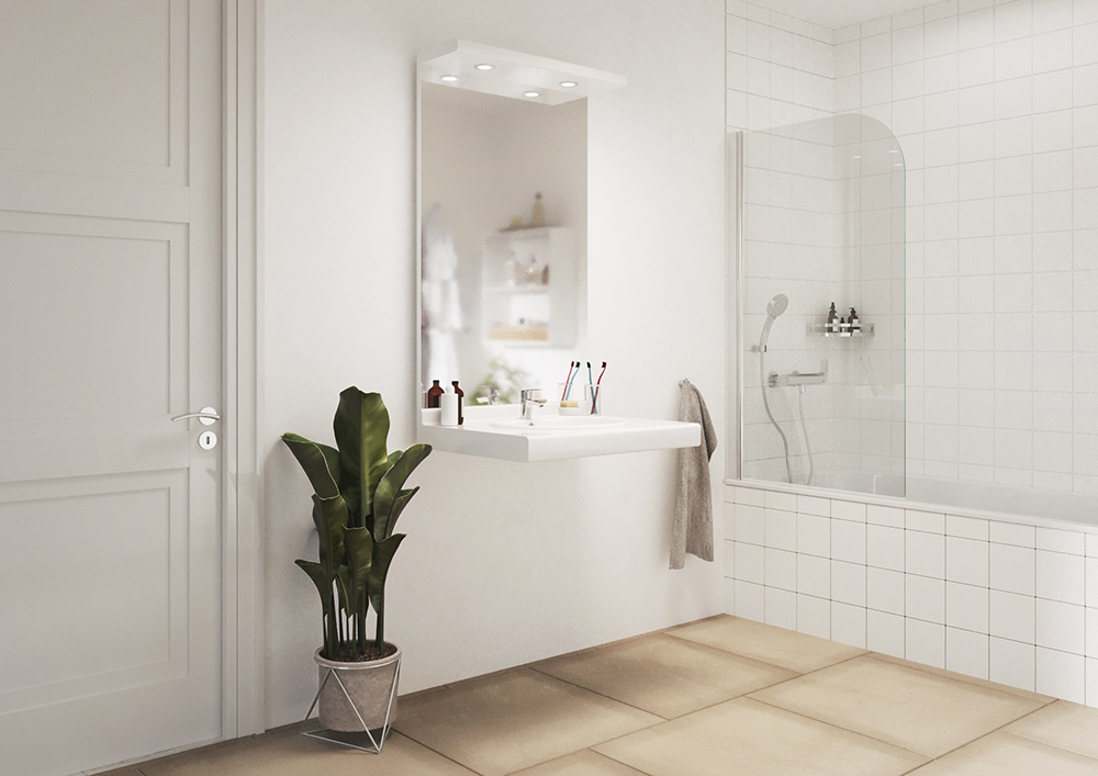 Meuble de salle de bains - FLOR-01 Plan FLORENCE sur consoles avec miroir et bandeau lumineux spots leds