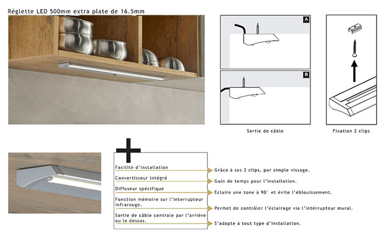 Réglette LED 500mm extra plate allumage par capteur infrarouge